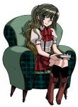  armchair book boots couch green_eyes lowres ponytail sitting 