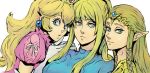  blonde_hair blue_eyes dress earrings elbow_gloves gloves green_eyes jewelry long_hair metroid multiple_girls nintendo pointy_ears ponytail princess_peach princess_zelda ring samus_aran super_mario_bros. super_smash_bros. the_legend_of_zelda tiara twilight_princess zero_suit 