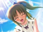  1girl bow brown_hair closed_eyes cloud game_cg hair_bow open_mouth ponytail sky smile solo suika_(game) wakabayashi_mie young 