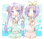  blue_eyes bubble bubbles cosplay emo_(artist) emo_(mikan) hair_ribbon hair_ribbons hiiragi_kagami hiiragi_tsukasa hirano_aya izumi_konata long_hair lucky_star minigirl purple_hair ribbon ribbons seiyuu_connection short_hair suzumiya_haruhi suzumiya_haruhi_(cosplay) suzumiya_haruhi_no_yuuutsu twintails 