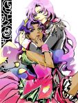  2girls blue_eyes crown dark_skin dress epaulettes green_eyes himemiya_anthy hug long_hair looking_at_viewer multiple_girls pink_hair purple_hair shoujo_kakumei_utena smile tegaki tenjou_utena 