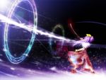  1girl akashio_(loli_ace) katana long_hair magic_circle purple_hair ribbon sword touhou watatsuki_no_yorihime weapon 