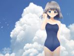  blue_eyes cloud clouds hair_flip highres one-piece_swimsuit original school_swimsuit seiro short_hair silver_hair sky swimsuit touto_seiro 