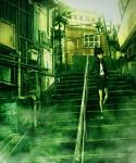  bad_id black_hair dennou_coil glasses green jacket mojo shiba_o skirt stairs twintails 