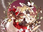  blonde_hair braid broom brown_hair card falling_card floating_card gohei hair_ribbon hakurei_reimu hat hina_(pico) kirisame_marisa leaf long_hair multiple_girls open_mouth red_eyes ribbon smile star touhou wink witch_hat yellow_eyes 