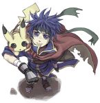  1boy artist_request black_eyes blue_eyes blue_hair cape fire_emblem fire_emblem:_souen_no_kiseki fire_emblem_path_of_radiance gloves headband ike pikachu pokemon pokemon_(creature) super_smash_bros. tail 