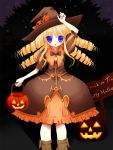  bad_id blonde_hair blue_eyes dress drill_hair halloween hat jack-o'-lantern jack-o-lantern kay long_hair orange_dress original pumpkin witch_hat 