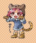  blush chibi costume fang fangs gloves hat kumatora mother mother_(game) mother_3 paws pink_hair red_eyes short_hair smile tail tiger_print 