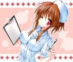  brown_hair clipboard hat nurse nurse_cap syringe wink yukiwo 