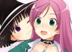  black_hair bob_cut face fang green_eyes ha-ru hat pink_hair rosario+vampire sendo_yukari sendou_yukari short_hair sweat wink 