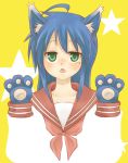  animal_ears blue_hair cat_ears cat_paws fang green_eyes izumi_konata kochoko lucky_star mole paws 