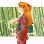  bamboo_forest blue_eyes fan forest japanese_clothes kimono long_hair nature neon_genesis_evangelion red_hair redhead solo souryuu_asuka_langley 