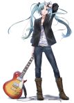  belt blazer blue_eyes blue_hair boots casual cross crucifix denim fashion guitar hand_in_hair hatsune_miku instrument jeans jewelry long_hair nagareboshi necklace sleeves_rolled_up twintails vocaloid wristband 