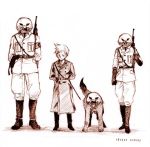  boney brown coat dog duster_(mother) gloves gun kumatora lucas mask military military_uniform monochrome mother mother_(game) mother_3 pigmask sketch uniform weapon 