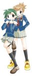  2girls brown_hair green_hair kneehighs multiple_girls ponytail school_uniform short_hair simple_background skirt socks yuri 