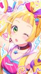 1girl ;o aikatsu!_(series) aikatsu_friends! anoa arm_up armpits bandeau bangs black_choker blonde_hair blush breasts chain_necklace choker commentary_request diagonal_stripes green_eyes hair_ornament hair_ribbon hinata_ema_(aikatsu_friends!) long_hair multicolored multicolored_background multicolored_ribbon one_eye_closed open_clothes open_mouth open_vest ribbon round_teeth single_detached_sleeve small_breasts solo speech_bubble star star_hair_ornament striped teeth translated triangle_earrings twintails upper_body upper_teeth vest yellow_vest 