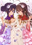  2girls :o absurdres azur_lane bangs blue_flower blush breasts brown_hair cleavage closed_mouth commentary_request double_bun dress eyebrows_visible_through_hair flower hair_flower hair_ornament hairband hand_up highres huge_filesize juliet_sleeves long_hair long_sleeves medium_breasts multiple_girls ning_hai_(azur_lane) osanai parted_lips petals ping_hai_(azur_lane) puffy_sleeves purple_hair red_eyes see-through side_bun small_breasts smile thick_eyebrows veil very_long_hair violet_eyes white_background white_dress white_flower white_hairband wide_sleeves 