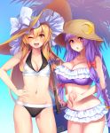  2girls blonde_hair blue_bow blush bow braid breasts brown_eyes cleavage collarbone eyebrows_visible_through_hair hair_bow hat highres huge_breasts kirisame_marisa long_hair looking_at_viewer medium_breasts multiple_girls navel one_eye_closed open_mouth patchouli_knowledge purple_hair red_bow smile sun_hat tarmo touhou violet_eyes 