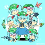  &gt;_&lt; 1girl :d anger_vein aqua_background aqua_eyes aqua_hair bangs black_gloves black_shirt blue_shirt blunt_bangs blush_stickers bug butterfly chibi collared_shirt crop_top cucumber eyebrows_visible_through_hair frown gloves goggles goggles_on_head green_hat grey_shirt grin hair_bobbles hair_ornament hair_over_eyes hat highres insect kawashiro_nitori key key_necklace looking_at_viewer midriff multiple_views navel ok_sign open_mouth power_drill quariumarts shirt smile smirk sparkle tank_top touhou twintails twitter_username water_gun wrench 