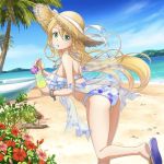  1girl ass bikini blonde_hair cup drinking_glass drinking_straw floating_hair floral_print flower green_eyes hair_between_eyes hair_ornament hat hat_ribbon hibiscus holding holding_cup jpeg_artifacts leafa leaning_forward leg_up long_hair looking_at_viewer looking_back official_art open_mouth palm_tree pink_flower print_bikini red_flower ribbon sash see-through solo standing standing_on_one_leg straw_hat sun_hat swimsuit sword_art_online tree very_long_hair white_bikini white_ribbon yellow_hat 