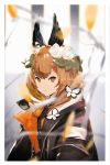  1girl animal_ears black_jacket blurry blurry_foreground bright_pupils brown_eyes brown_hair bug butterfly closed_mouth copyright_request depth_of_field flower hair_flower hair_ornament highres insect jacket looking_at_viewer medium_hair rose so-bin solo white_flower white_rose 