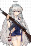  1girl bandage bandaged_leg bandages bangs bare_shoulders blue_dress blue_eyes character_name closed_mouth commentary_request dress fingernails girls_frontline gun hair_between_eyes highres holding holding_gun holding_weapon intravenous_drip long_hair looking_at_viewer luicent object_namesake ribeyrolles_1918_(girls_frontline) short_sleeves silver_hair solo standing very_long_hair weapon weapon_request white_background wrist_cuffs 