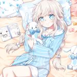 1girl alternate_costume bangs blue_eyes book braid candy elsword eyebrows food heart low_twintails luciela_r._sourcream lying pajamas pohao pointy_ears smile stuffed_animal stuffed_toy symbol-shaped_pupils twintails white_hair 