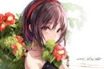  1girl absurdres bangs blush covering_mouth english eyebrows_visible_through_hair fallen_heaven flower hair_between_eyes highres leaf looking_at_viewer red_eyes shameimaru_aya short_hair solo touhou upper_body wet 