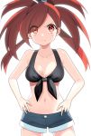  1girl asuna_(pokemon) bangs black_bra blue_shorts bra breasts cleavage collarbone creatures_(company) eyebrows_visible_through_hair eyes_visible_through_hair front-tie_bra game_freak hands_on_hips highres long_hair looking_at_viewer medium_breasts midriff navel nintendo parted_bangs pokemon pokemon_(game) pokemon_rse ponytail red_eyes redhead short_shorts shorts simple_background solo stomach underwear white_background yuihiko 
