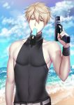  1boy arm_up arthur_pendragon_(fate) artoria_pendragon_(all) artoria_pendragon_(swimsuit_rider_alter) artoria_pendragon_(swimsuit_rider_alter)_(cosplay) bangs bare_shoulders beach belt belt_buckle blonde_hair blue_sky buckle clouds collarbone commentary_request cosplay covered_navel day fate/grand_order fate_(series) food food_in_mouth gun hair_between_eyes highres holding holding_gun holding_weapon kuraka looking_at_viewer male_focus mouth_hold outdoors popsicle skin_tight sky sweatband upper_body v-shaped_eyebrows weapon yellow_eyes 