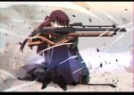  absurdres bullpup bumou firing girls_frontline gun high_heels highres jacket pantyhose purple_hair red_eyes rifle scope sitting sniper_rifle wa2000_(girls_frontline) walther walther_wa_2000 weapon 