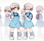  &gt;_&lt; :d backpack bag bangs blue_shirt blush boots captain_yue character_name closed_eyes closed_mouth clothes_writing eyebrows_visible_through_hair flat_cap flying_sweatdrops grey_background grey_hat hat hataraku_saibou holding looking_at_viewer open_mouth platelet_(hataraku_saibou) profile red_eyes shirt short_shorts short_sleeves shorts simple_background smile standing striped striped_footwear white_footwear white_shorts |_| 