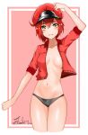  1girl arm_up black_panties blush border breasts cabbie_hat cleavage hand_on_headwear hat hataraku_saibou highres jacket jasonchao1006 no_bra no_pants panties partially_undressed red_blood_cell_(hataraku_saibou) redhead short_hair simple_background smile solo underwear yellow_eyes 