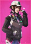  1girl absurdres alternate_hair_length alternate_hairstyle animal_print baseball_cap blue_bodysuit bodysuit brown_hair bunny_print chips commentary d.va_(overwatch) dirty_face english_commentary food hair_bun hand_in_pocket hat headphones headphones_around_neck highres jacket lips looking_at_viewer monori_rogue overwatch pilot_suit pink_background potato_chips short_hair sidelocks solo updo zipper 