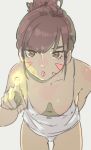  1girl bare_shoulders breasts brown_eyes brown_hair cowboy_shot d.va_(overwatch) downblouse facial_mark highres houkagi_yuu lips looking_at_viewer medium_breasts navel overwatch panties parted_lips pointing simple_background solo tank_top tied_hair underwear white_background white_panties 
