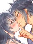  1boy 1girl black_hair black_neckwear blush choker couple eye_contact finger_to_another&#039;s_mouth folks_(nabokof) hetero long_hair looking_at_another profile rokurou_rangetsu simple_background smile tales_of_(series) tales_of_berseria upper_body velvet_crowe white_background yellow_eyes 