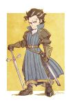  1boy armor brown_hair chibi gloves looking_at_viewer male_focus octopath_traveler olberic_eisenberg scar short_hair shoutank14 simple_background solo sword weapon 