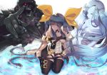  1girl black_legwear black_panties blue_hair dizzy furai guilty_gear guilty_gear_xrd hair_ornament hood long_hair necro_(guilty_gear) panties red_eyes ribbon sitting thigh-highs twintails underwear undine_(guilty_gear) yellow_ribbon 