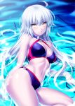  1girl ahoge bare_shoulders bikini black_bikini breasts cleavage cowboy_shot fate/grand_order fate_(series) highres jeanne_d&#039;arc_(alter_swimsuit_berserker) jeanne_d&#039;arc_(fate)_(all) large_breasts long_hair looking_at_viewer navel parted_lips partially_submerged silver_hair sitting smile solo swimsuit water yellow_eyes yokozuwari zen 