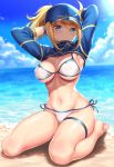  1girl ahoge armpits arms_behind_head artoria_pendragon_(all) baseball_cap beach bikini blonde_hair blue_eyes blue_hat blush breasts commentary_request cropped_jacket fate/grand_order fate_(series) full_body groin hat kase_daiki long_hair looking_at_viewer medium_breasts mysterious_heroine_xx_(foreigner) navel ocean ponytail sand shiny shiny_skin shore side-tie_bikini sideboob sitting skindentation solo sunlight swimsuit thigh_strap thighs under_boob white_bikini 