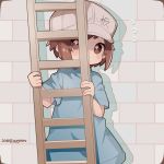  1girl blue_shirt blush brick_wall brown_eyes brown_hair captain_yue character_name clothes_writing covered_mouth dated flat_cap flying_sweatdrops grey_hat hat hataraku_saibou head_tilt holding ladder looking_at_viewer platelet_(hataraku_saibou) shirt short_hair short_sleeves solo twitter_username 