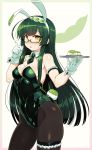  1girl ahoge animal_ears bare_shoulders bespectacled black_legwear blush breasts bunny_girl bunny_tail bunnysuit cleavage covered_navel detached_collar fake_animal_ears glasses green_hair green_hairband hairband highres large_breasts leotard long_hair looking_at_viewer mochi null_(nyanpyoun) open_mouth pantyhose pea_pod playboy_bunny_leotard rabbit_ears skindentation solo strapless strapless_leotard tail thigh_strap touhoku_zunko tray very_long_hair vocaloid voiceroid wrist_cuffs yellow_eyes 