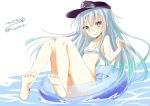  1girl bikini blue_eyes blush breasts eyebrows_visible_through_hair grey_background hair_between_eyes hat hibiki_(kantai_collection) highres hizaka kantai_collection lifebuoy long_hair looking_at_viewer open_mouth peaked_cap silver_hair simple_background small_breasts solo swimsuit water white_bikini 