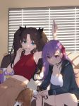  2girls animal belly_button breasts casual cleavage cute dog earrings eating emiya-san_chi_no_kyou_no_gohan eyebrows_visible_through_hair fate/extra fate/stay_night fate_(series) female hair_ribbon highres jewelry leash matou_sakura midriff multiple_girls necklace purple_hair ribbon siblings sisters sleeveless sunlight tohsaka_rin two_side_up violet_eyes whoisshe 