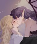  2girls bare_shoulders blush closed_eyes commentary_request d.va_(overwatch) demon demon_girl demon_wings earrings facing_another giji-p hand_on_another&#039;s_face jewelry kiss korean_commentary long_hair mercy_(overwatch) multiple_girls nun overwatch pointy_ears profile purple_background saliva upper_body wings yuri 