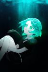  1other androgynous aqua_eyes aqua_hair colored_eyelashes crystal_hair gem_uniform_(houseki_no_kuni) green_eyes green_hair highres houseki_no_kuni knees_up leg_hug looking_up necktie phosphophyllite short_hair solo underwater white_skin 