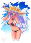  1girl :d adjusting_eyewear animal_ears arms_up bare_shoulders bikini black_bikini blue-tinted_eyewear blue_background blush braid breasts chest_tattoo cleavage collarbone colored_eyelashes commentary_request cowboy_shot dated ears_through_headwear flower fox_ears fox_girl fox_tail gradient gradient_background hair_ribbon hat hat_flower heriwo_(haraheridou) highres large_breasts leaning_forward long_hair navel open_mouth orange_flower orange_rose original red-framed_eyewear red_ribbon ribbon rose sidelocks signature single_braid slit_pupils smile solo sparkle straw_hat string_bikini sunglasses swimsuit tail tattoo thighs twitter_username very_long_hair wading water water_drop wet yellow_eyes 