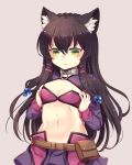  1girl animal_ears beads belt bikini_top black_hair breast_conscious breast_squeeze breasts cat_ears cleavage collar commentary_request green_eyes hair_beads hair_ornament isekai_maou_to_shoukan_shoujo_dorei_majutsu long_hair miniskirt mohuta1203 navel pouch pout purple_bikini_top purple_skirt rem_galeu skirt small_breasts solo upper_body 