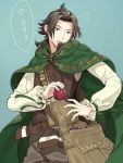  1boy alternate_costume apple bag brown_hair cape cyrus_(octopath_traveler) food fruit gloves highres jewelry long_hair male_focus octopath_traveler open_mouth ponytail shikimiorange short_hair simple_background solo 
