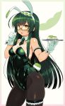  1girl ahoge animal_ears bare_shoulders bespectacled black_legwear blush breasts bunny_girl bunny_tail bunnysuit cleavage covered_navel detached_collar fake_animal_ears glasses green_hair green_hairband hairband highres large_breasts leotard long_hair looking_at_viewer mochi null_(nyanpyoun) open_mouth pantyhose pea_pod playboy_bunny_leotard rabbit_ears skindentation solo strapless strapless_leotard tail tan thigh_strap touhoku_zunko tray very_long_hair vocaloid voiceroid wrist_cuffs yellow_eyes 